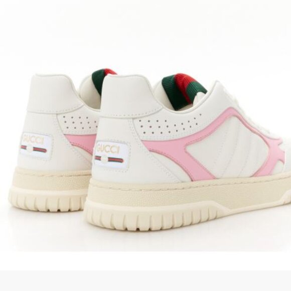 NWB Gucci White Pink Calfskin Re-Web Sneaker Sneakers Lace Up Flats 39.5 103868 - Picture 1 of 6